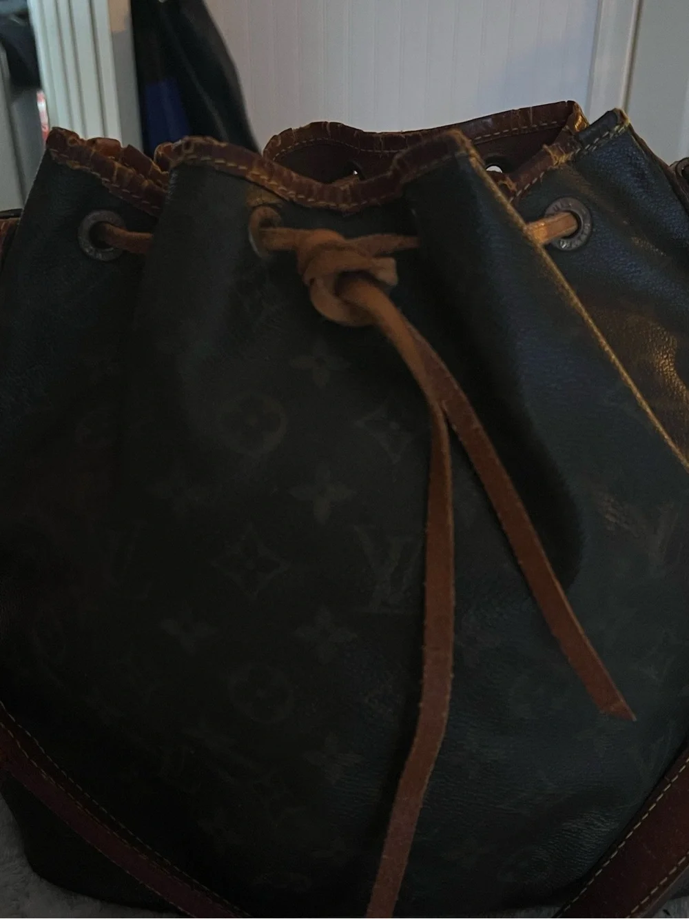 Louis Vuitton Brown Monogram Drawstring Shoulder Bag with Tan Trim
